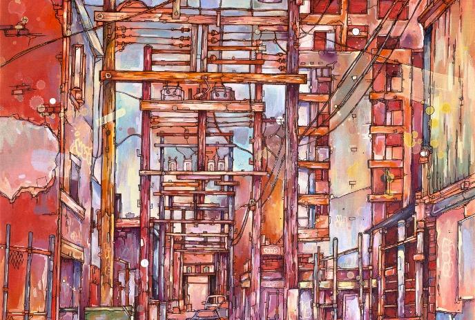 Abstract image of building in orange hues.