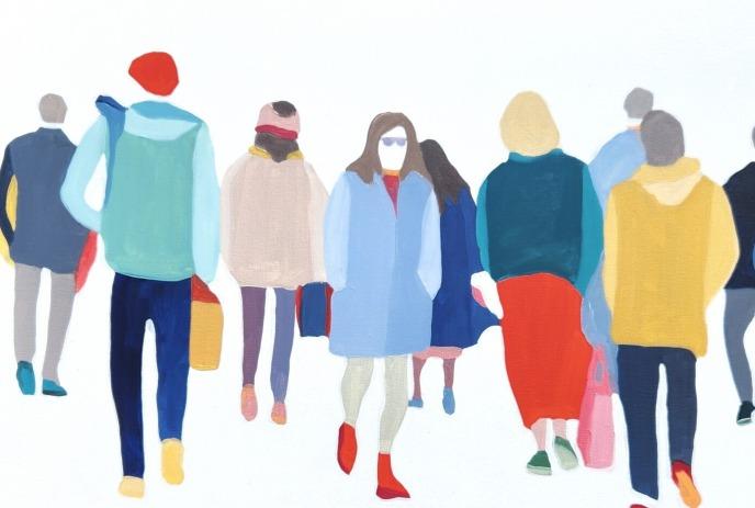 Painting showing faceless people walking in colorful coats, pants, and shoes.