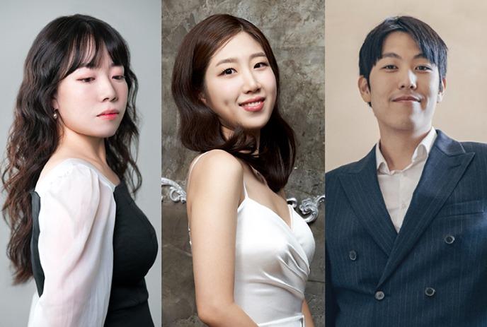 Haeun Kim, Heekyung Park and Kyubo Na in seperate photos, each posing for the camera wearing formal clothes.