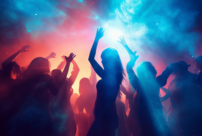 People dancing in a club setting with coloured light and a smoke machine