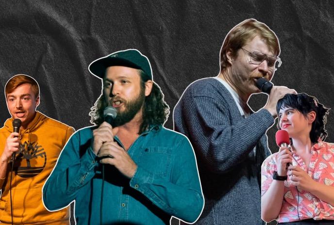 Comedians from various comedy circuits, perform with microphones on a dark background.