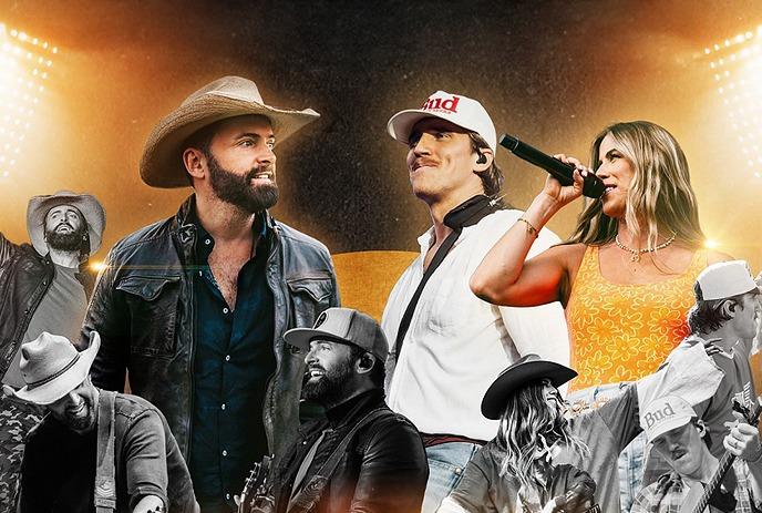 Country performers in hats and denim play guitars and sing on bright stages shown in a lively collage.