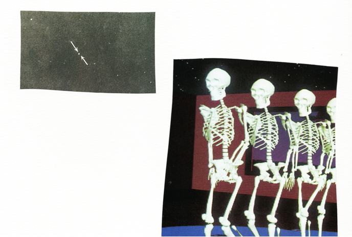 Arrow points to faint object beside dancing skeletons on a dark stage.