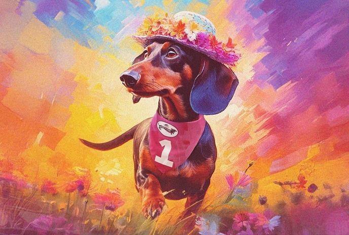 Dachshunds in colorful vests race on a dirt track as a crowd watch behind a fence.