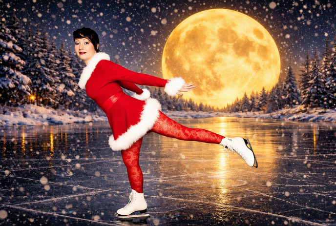 Holly Cole in a red skating outfit glides on a snowy frozen lake beneath a glowing full moon at night.