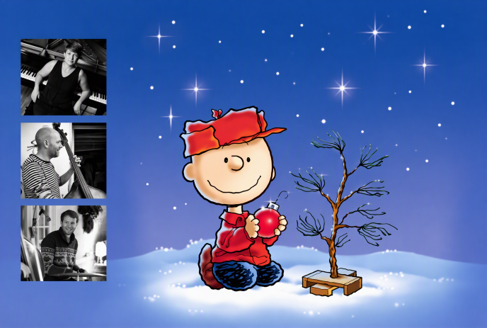 Cartoon child holding a red ornament beside a small tree under stars, with three musician portraits.