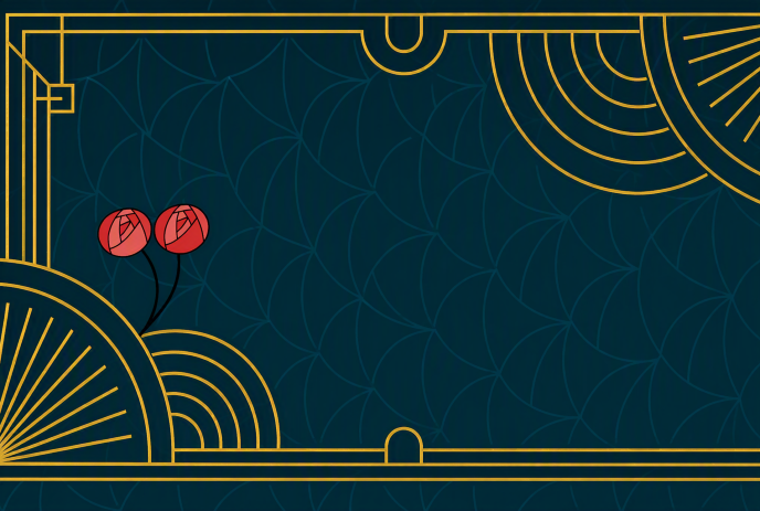 Art Deco-style teal background with gold geometric lines and two red flowers.