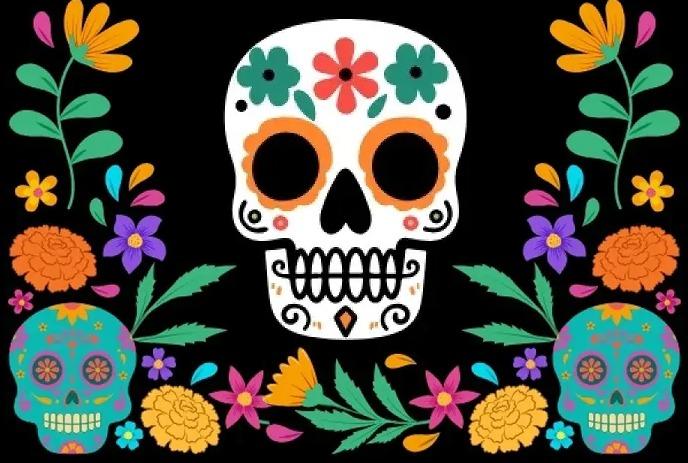 Skeletons in festive attire dance and play music around a Day of the Dead altar with marigolds and sugar skulls.
