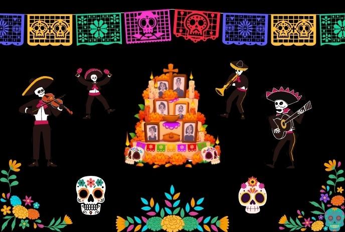 Skeletons in festive attire dance and play music around a Day of the Dead altar with marigolds and sugar skulls.