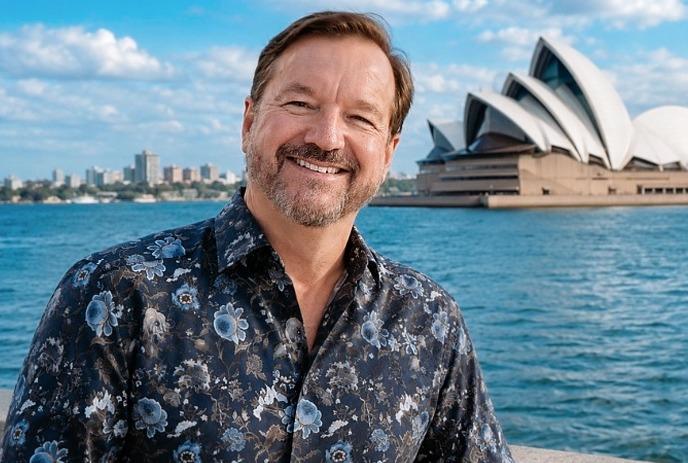 Clark Brian smiling, in a floral shirt by the water, with the Sydney Opera House behind under a bright, partly cloudy sky.