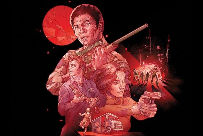 Armed figures stand against a red sky as shadowed shapes advance beneath a shattered glowing moon.