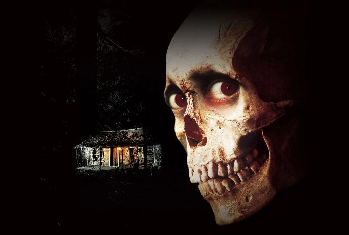 A skeleton looks menacingly over an old cabin in a dark wooded setting.