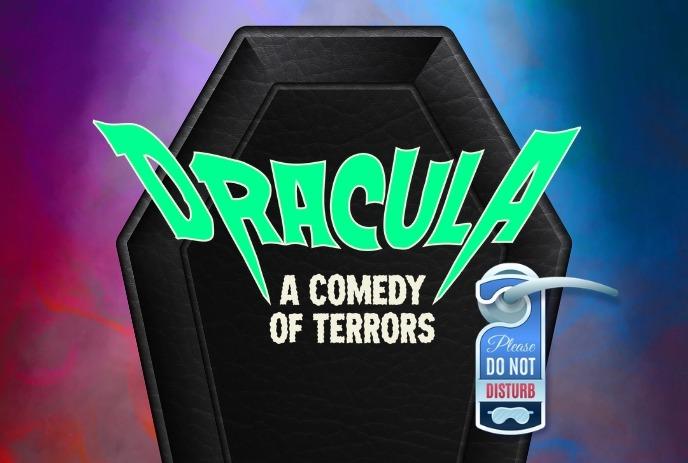 A colorful Dracula?themed graphic featuring a coffin title design and a blue “Do Not Disturb” door hanger.