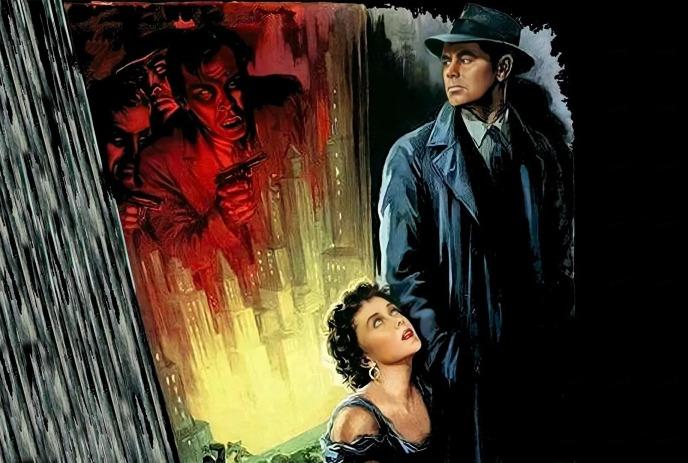 A noir painting where a detective shields a frightened woman as armed criminals loom over a glowing city skyline.