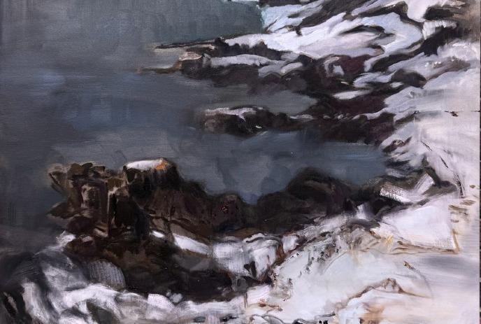 Painting of snow-covered rocky terrain with icy water.