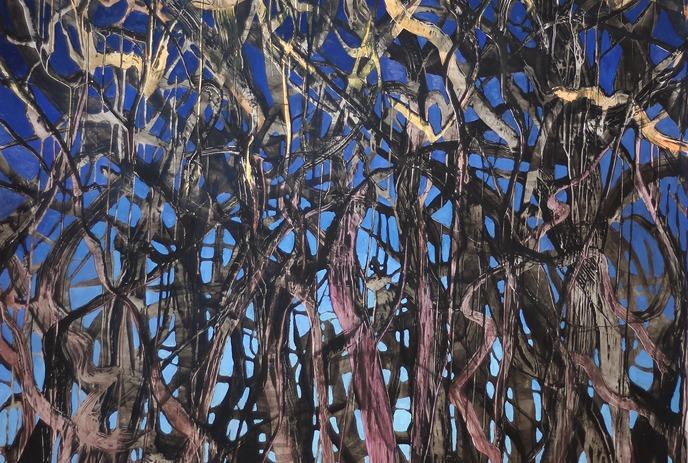 Abstract painting of a dense, tangled forest with dark branches against a vivid blue background.