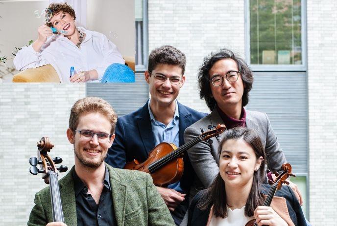 Four musicians pose with string instruments beside an inset portrait of a smiling woman.