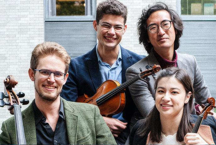 Four musicians pose with string instruments beside an inset portrait of a smiling woman.