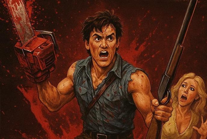 Muscular man with chainsaw and shotgun stands bloodied and a Women in the background.