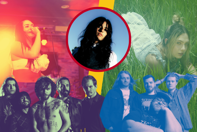 Collage of diverse musicians and bands performing, with vibrant color overlays and outdoor scenes.
