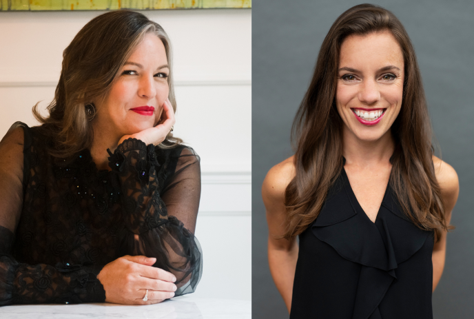 Adrianne Pieczonka and Rachael Kerr, two women in elegant black outfits, posing for a photo.