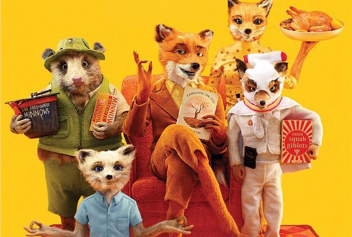Group of dressed animals posed together against bright yellow backdrop with central fox seated on red chair.