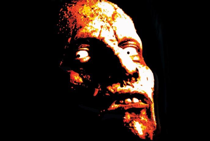 Distorted human face in fiery red and orange tones with glowing white eyes, set against black backgroun.