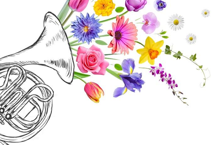 A black-and-white French horn sketch overflows with colorful flowers like roses and tulips, with petals floating nearby.