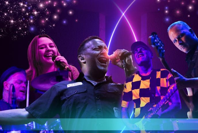 A microphone is surrounded by colorful purple and blue smoke on a dark background.