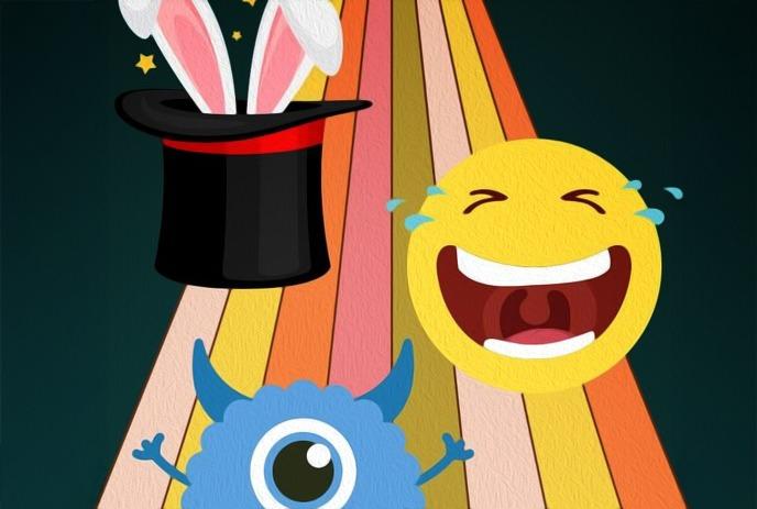 A blue monster, a rabbit in a magician's hat and a laughing smiley face in front of a colourful rainbow.