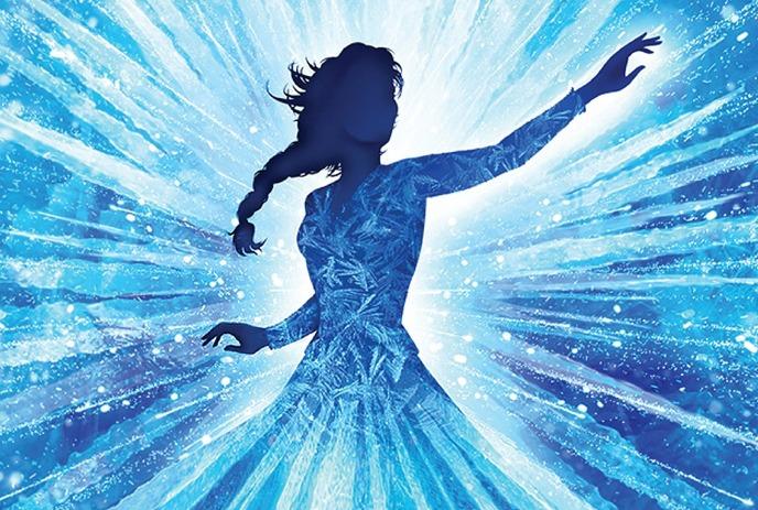 An ice queen wearing light blue and white dress with a tiara, and a blue background behind them.