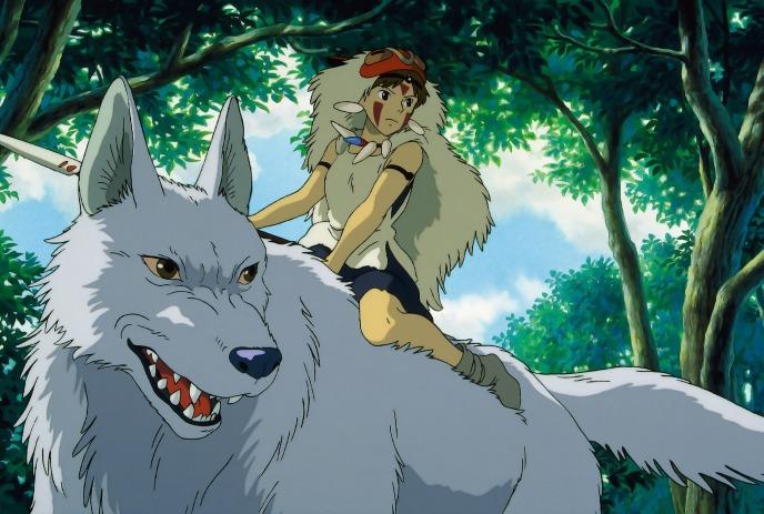 A cartoon depiction of a person riding on a wild wolf.