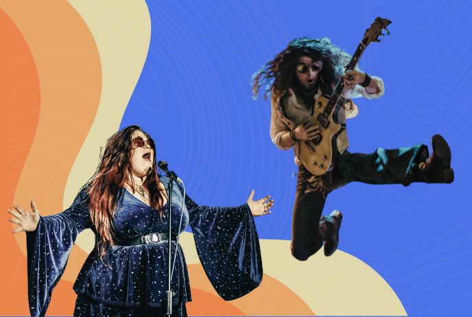 Singer reaches out mid note as guitarist leaps playing electric against bold curved color shapes.