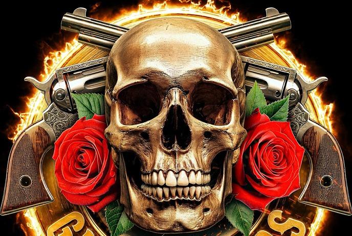 Red-yellow ring, flanked by roses, with four revolvers on dark under a black background.
