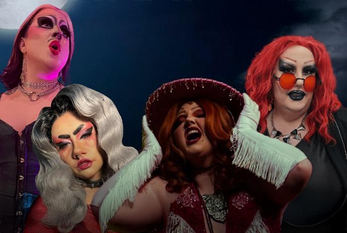 Four drag figures in bold costumes pose under cloudy moonlit sky with mysterious nighttime scene.
