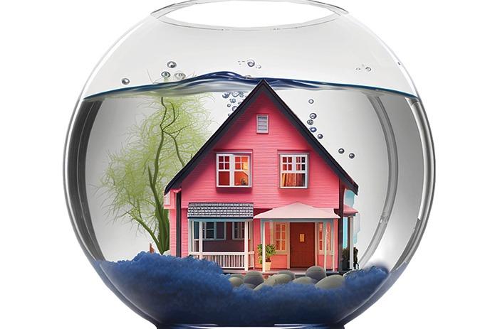 An orange/red house inside a goldfish bowl filled with water.