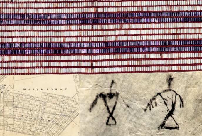 Beaded pattern map section and simple figures shown together in a cultural collage