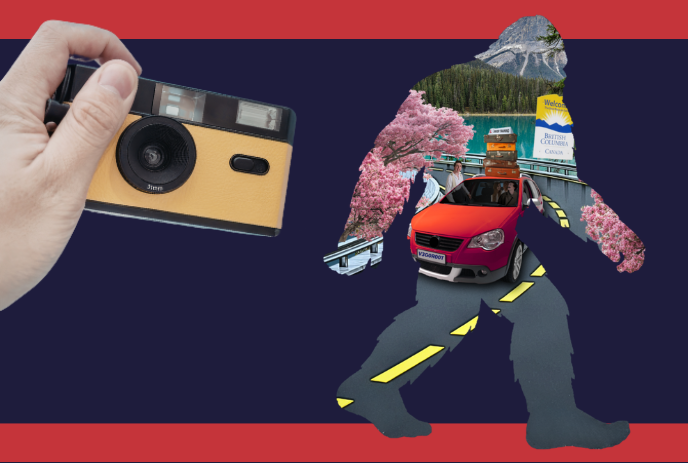 Sasquatch walking with a road trip image superimposed on the body, and a hand holding an old camera.