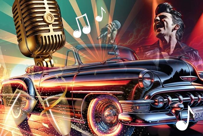 A vibrant illustration featuring a classic car, a vintage microphone, and a singing figure with musical notes.