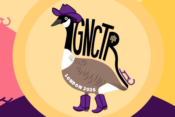 Canada goose wearing purple boots and a purple cowboy hat, and a toboggan sliding down their back.