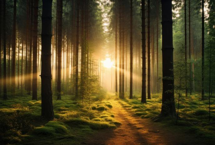 A forest with the sun shining through the trees.