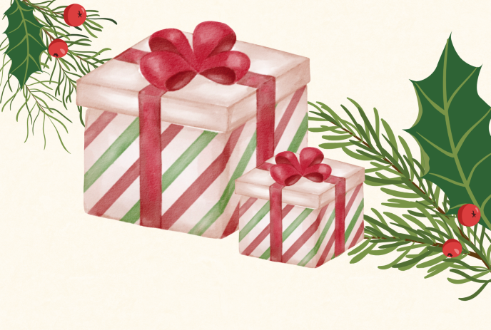 The two wrapped gift boxes with green leafgreen lea placed against a soft, light cream background.