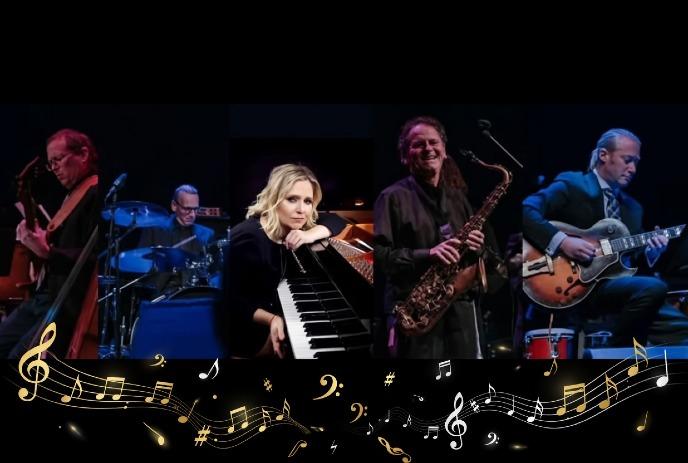 A jazz band performs passionately: a guitarist, drummer, pianist, saxophonist, and another guitarist.