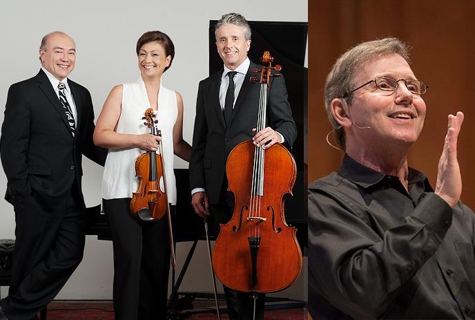 Artists beside trio of classical musicians with piano violin and cello in warm staged backdrop.