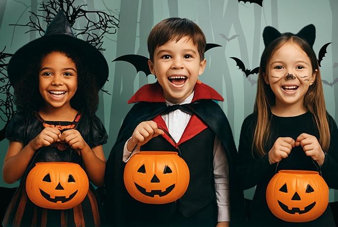 Three kids in Halloween costumes—witch, vampire, and bat, hold pumpkin buckets in spooky forest with bat graphic.