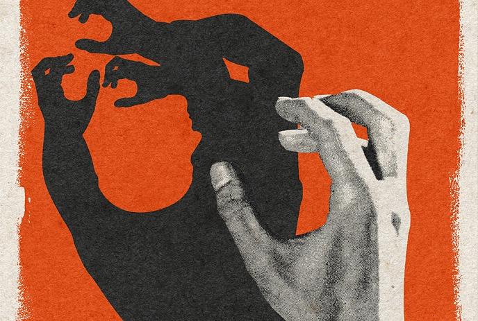 Hand making a shadow of three monsters on a red background.
