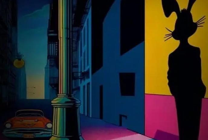A silhouette of a rabbit against a vibrant yellow backdrop, framed by dark buildings on either side