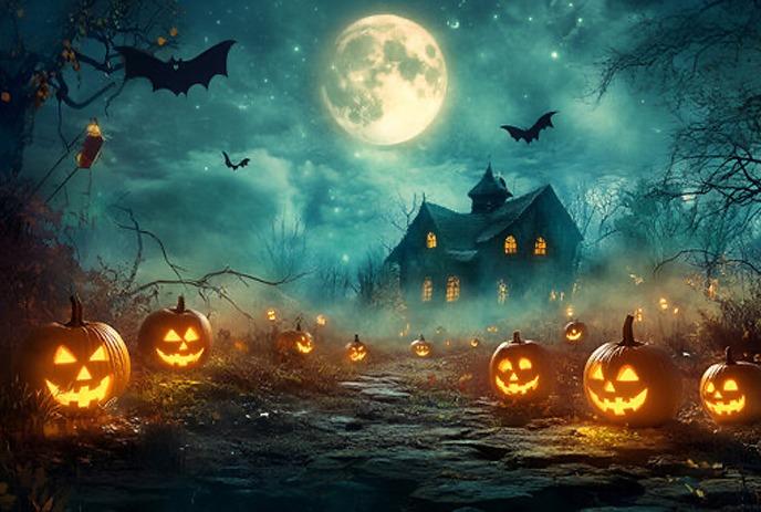 Ghost in flowing white cloak hovers by full moon, bats and bare trees swirl in eerie bluish mist.