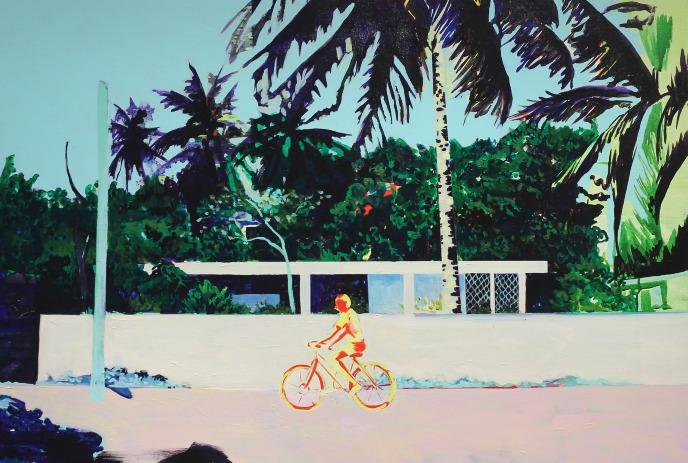 Vivid tropical scene with a cyclist riding past a white wall, framed by palms, bright colors, and calm island blue skies.