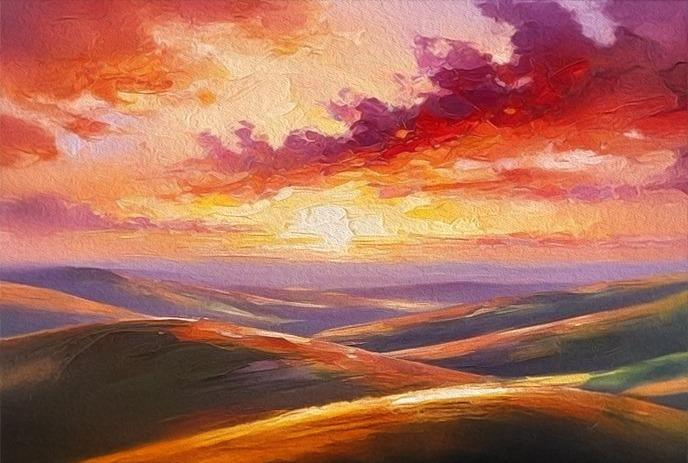 A vibrant impressionistic painting of a sunset with bold orange, red, and purple skies over rolling green and purple hills.